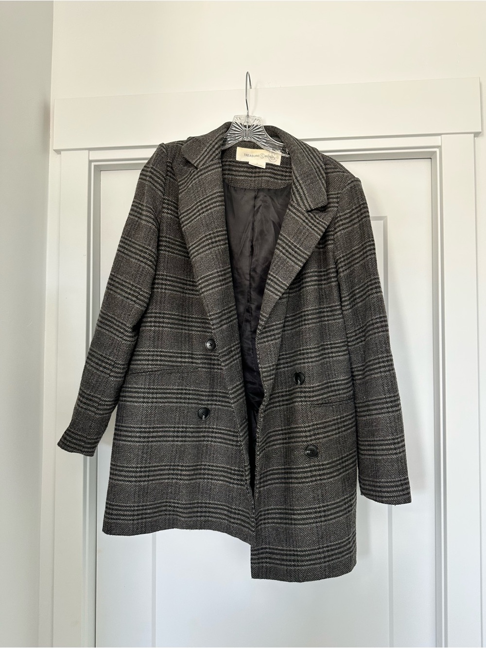 Treasure & Bond Gray Plaid Double-Breasted Blazer